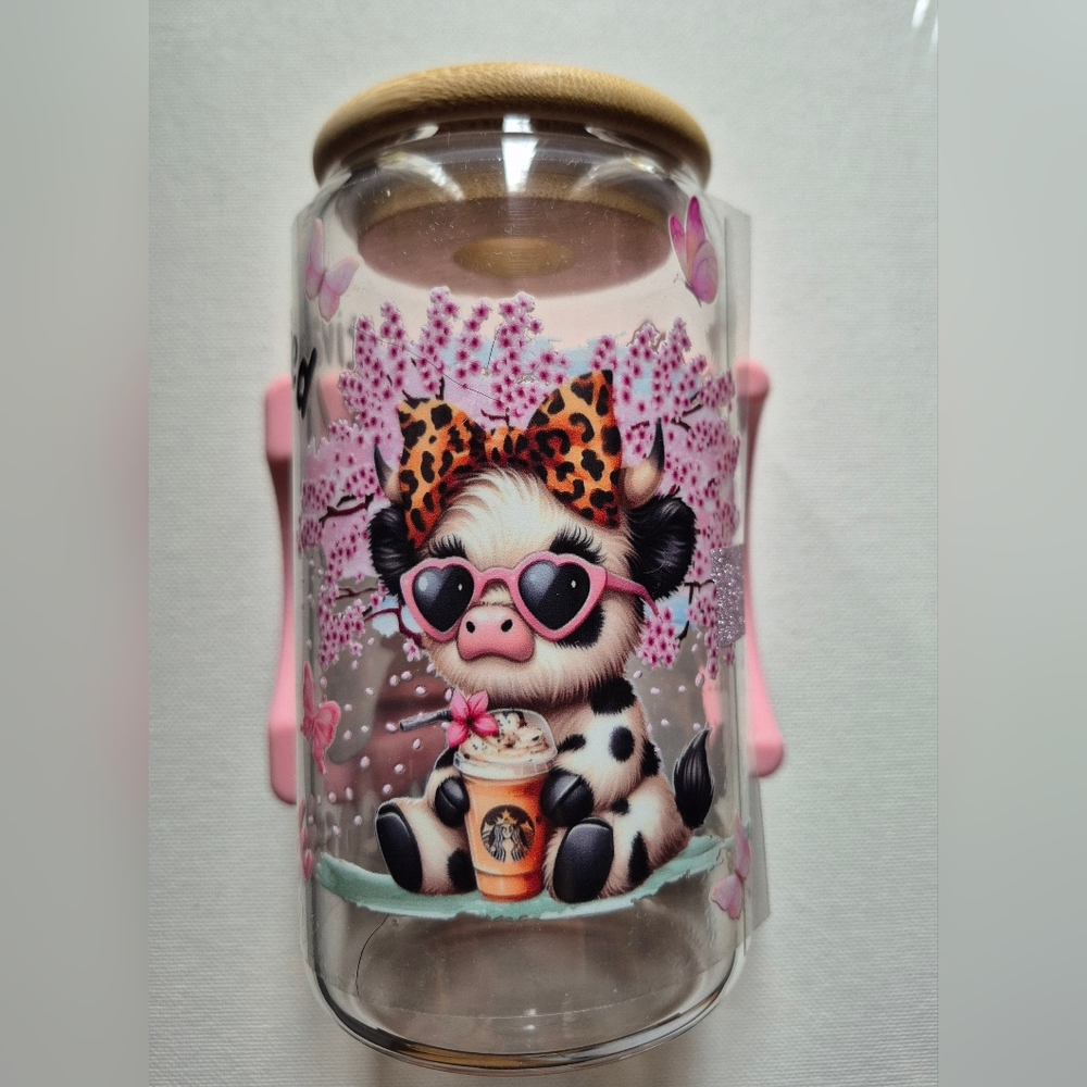 Cute Pink Highland Cow 16oz Glass Tumbler Made-to-order Lid Straw